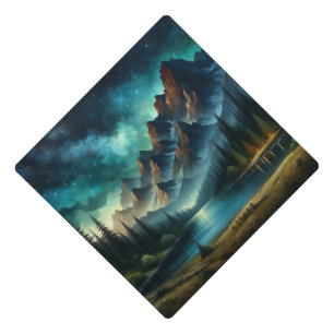 Mountain Lake/cabin under the stars Graduation Cap Topper