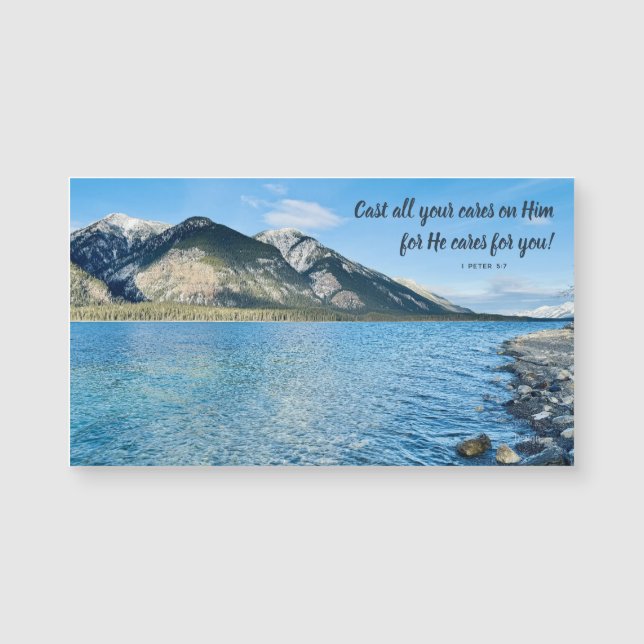 Mountain Lake Cast Your Cares Inspiring Magnet (Front)