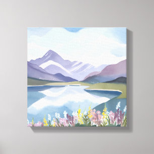 Mountain Lake   Floral Watercolor Landscape Canvas Print