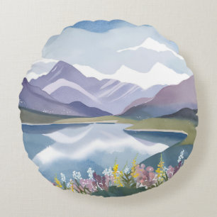 Mountain Lake   Floral Watercolor Landscape Round Pillow