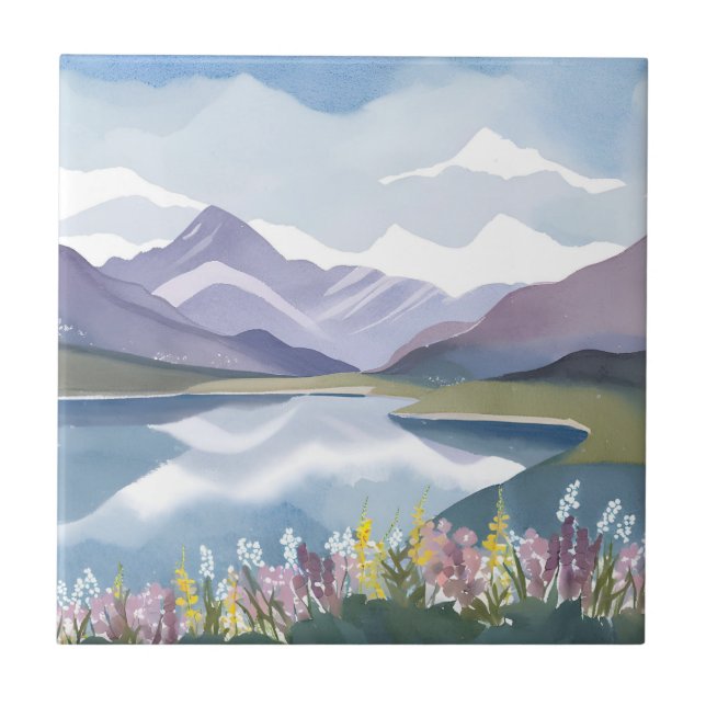 Mountain Lake | Floral Watercolor Landscape Tile (Front)