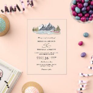 Mountain Lake Forest Rustic Budget QR Code Wedding Acrylic Invitations