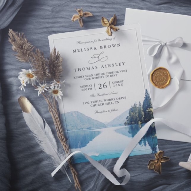 Mountain Lake Forest Rustic QR Code Wedding Invitation (Creator Uploaded)