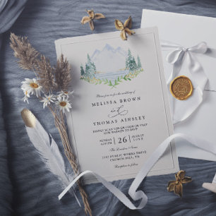 Mountain Lake Forest Tree Rustic Elegant Wedding Invitation