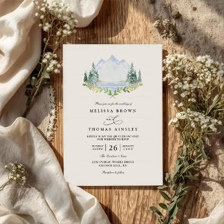 Mountain Lake Forest Tree Rustic QR Code Wedding Invitation