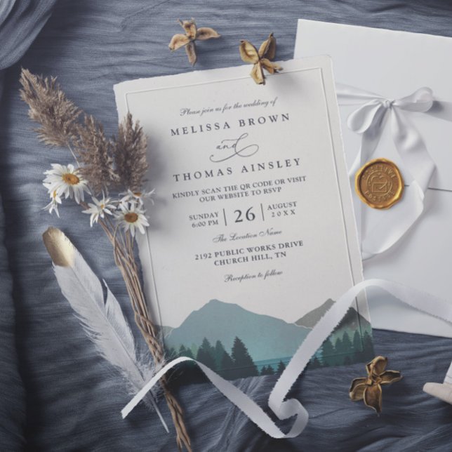Mountain Lake Forest Trees Pine QR Code Wedding Invitation (Creator Uploaded)