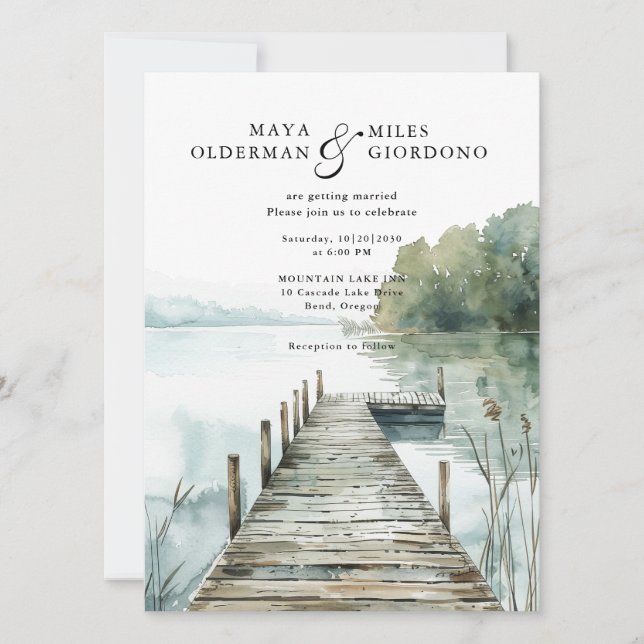 Mountain Lake Forest Watercolor Wedding Invitation (Front)