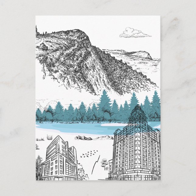 Mountain Lake Lodge Illustration Nature Scenery Postcard (Front)