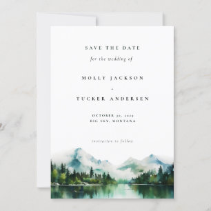 Mountain Lake Pine Watercolor Photo Save the Date Invitation