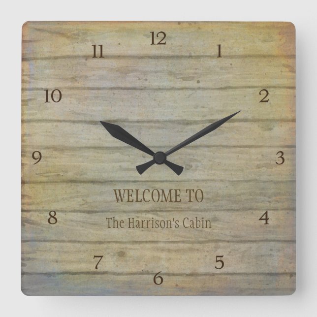 Mountain Lake Pines Welcome Cabin Personalized Square Wall Clock (Front)