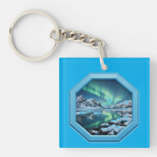 Mountain Lake Reflects No. Lights in Blue Frame Keychain