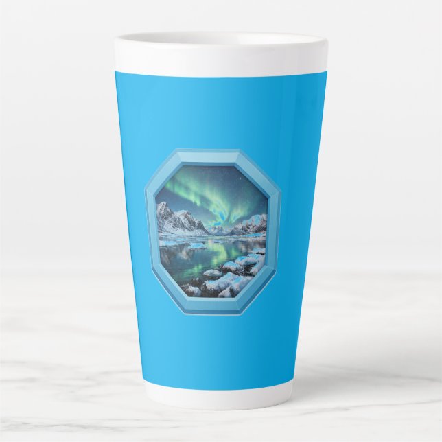 Mountain Lake Reflects No. Lights in Blue Frame Latte Mug (Front)