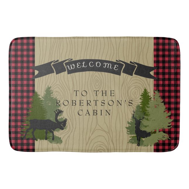 Mountain Lake Rustic Cabin Deer Moose Welcome Sign Bath Mat (Front)