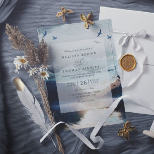 Mountain Lake Rustic Watercolor QR Code Wedding Invitation