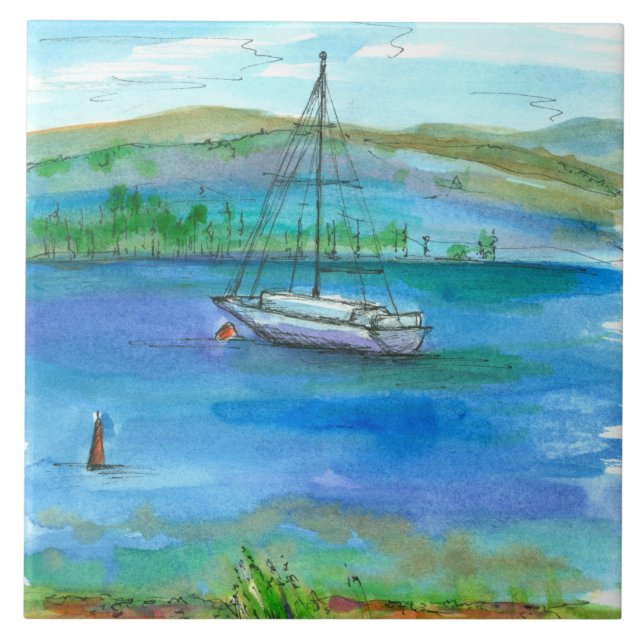 Mountain Lake Sailboat Watercolor Painting Tile (Front)