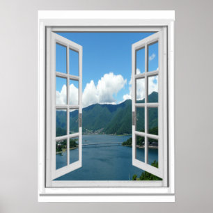 Mountain Lake View Trompe l'oeil Fake Window Poster