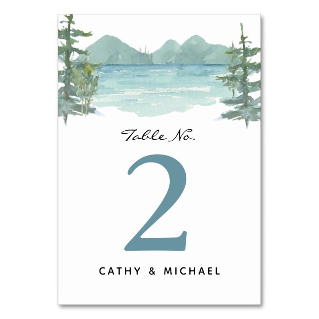 Mountain Lake Watercolor Customized Table Number (Front)