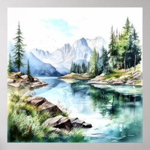 Mountain Lake Watercolor Painting Art Print