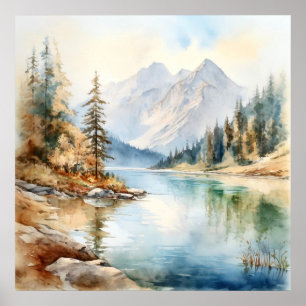 Mountain Lake Watercolor Painting Art Print