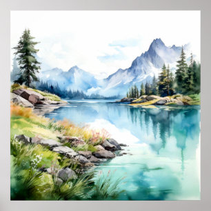 Mountain Lake Watercolor Painting Art Print