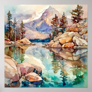 Mountain Lake Watercolor Painting Art Print