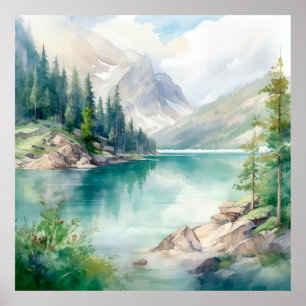  Mountain Lake Watercolor Painting Art Print