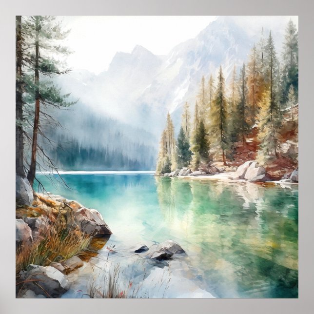  Mountain Lake Watercolor Painting Art Print (Front)