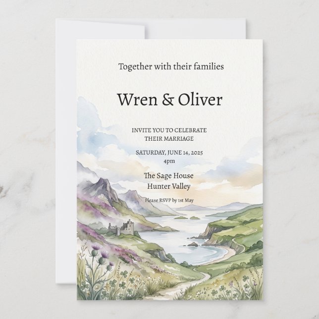 Mountain Lake Watercolor Wedding Invitation (Front)