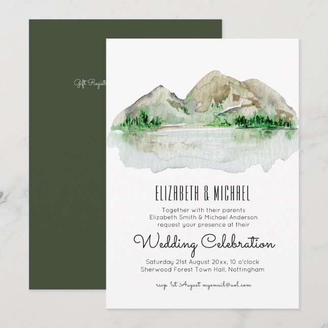 Mountain Lake Watercolor Wedding Invitation (Front/Back)