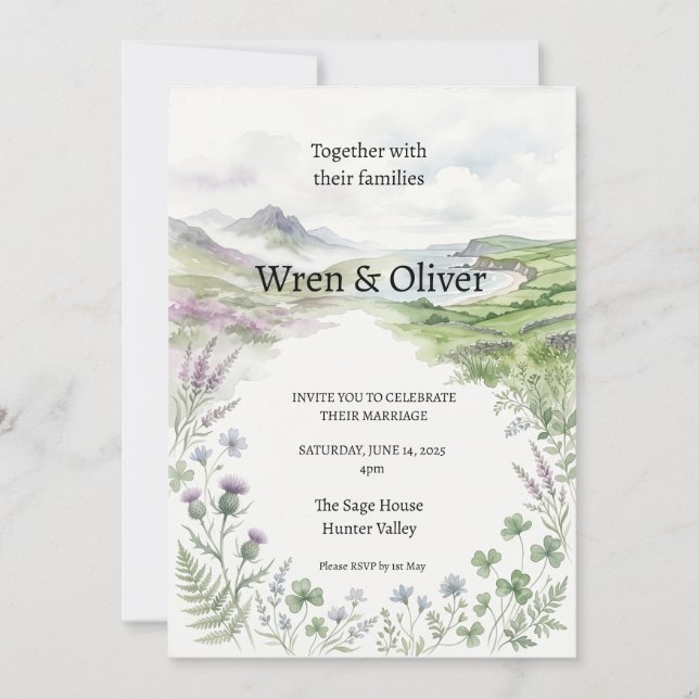 Mountain Lake Watercolor Wedding Invitation (Front)