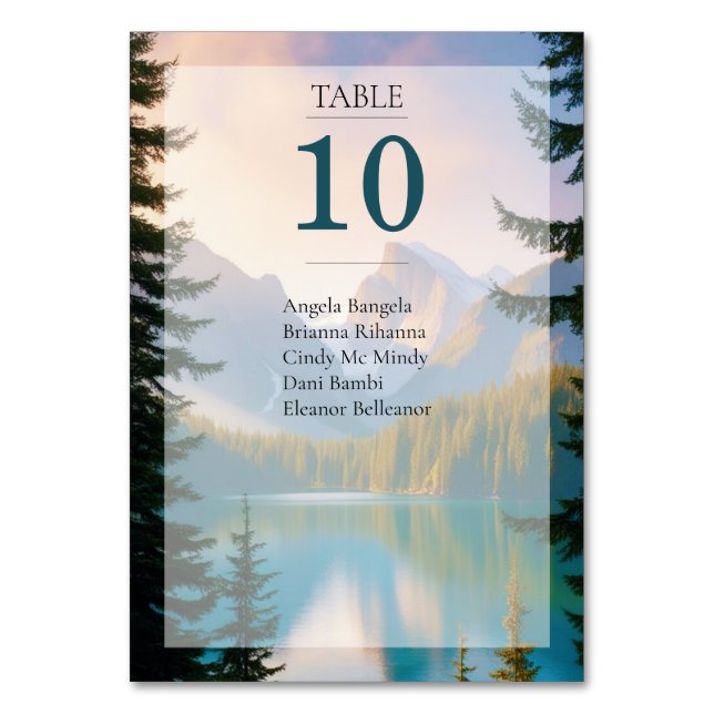 Mountain Lake Wedding Guest List Table Card (Front)