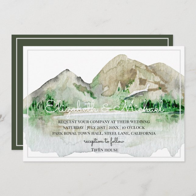 Mountain Lake Wedding Invitations Watercolor (Front/Back)