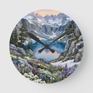 Mountain Lake Wildflower Meadow Art Round Clock