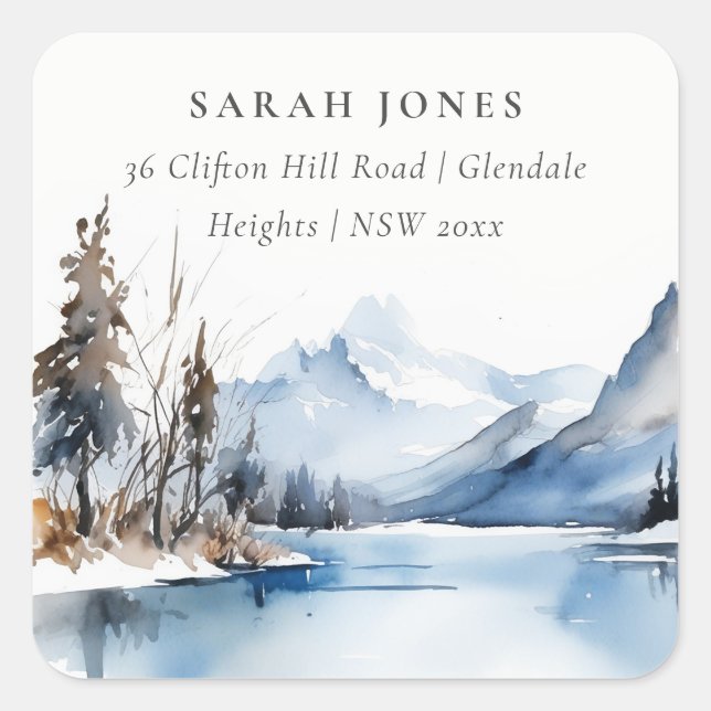 Mountain Lake Winter Snow Landscape Address Square Sticker (Front)