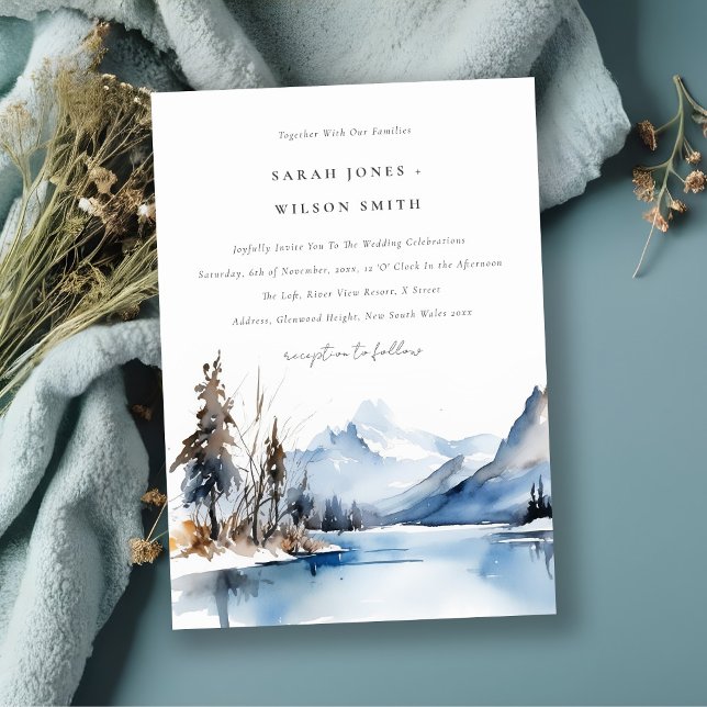 Mountain Lake Winter Snow Landscape Wedding Invitation (Creator Uploaded)