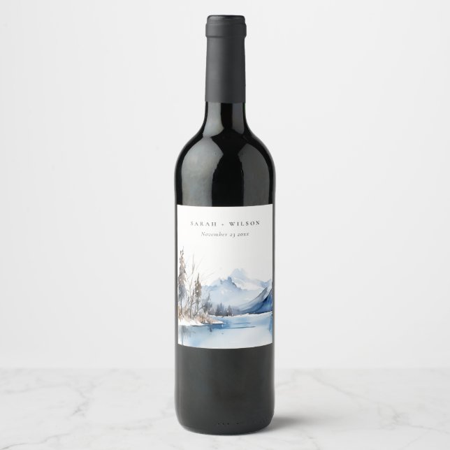 Mountain Lake Winter Snow Landscape Wedding Wine Label (Front)