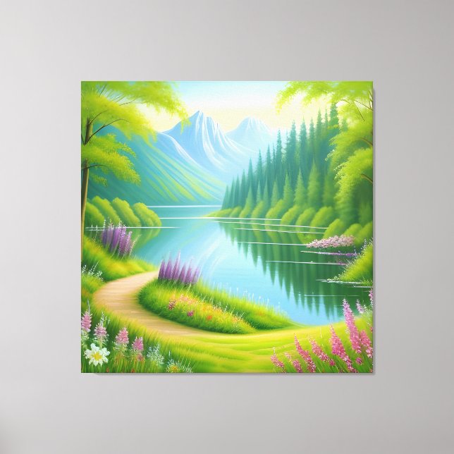 Mountain Lake With Blooming Flowers and Pine Trees Canvas Print (Front)