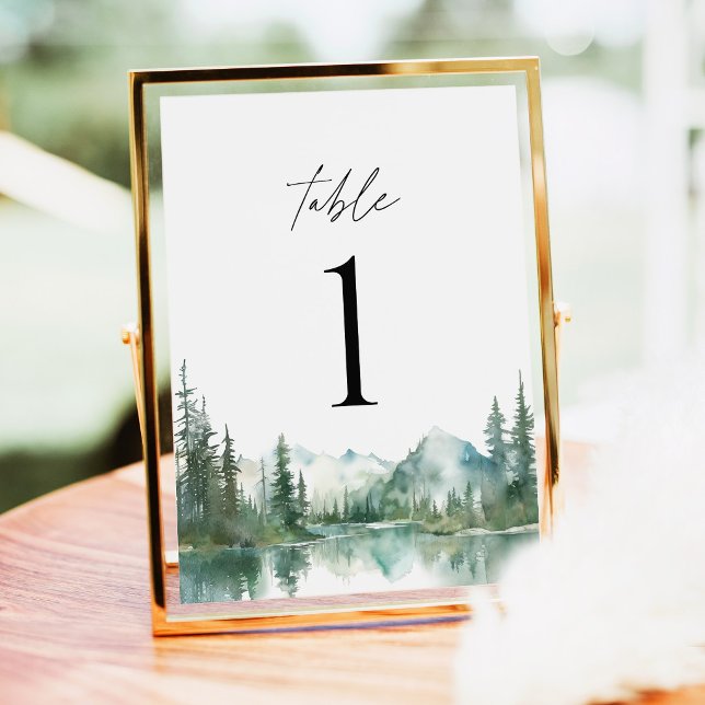 Mountain Lake Woodland Wedding Table Numbers (Mountain Lake Wedding Table Numbers, Watercolor Forest Reception Gold Decor, Woodland Table Number)
