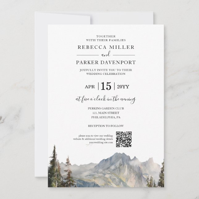 Mountain lakeside modern Wedding QR Code Invitation (Front)