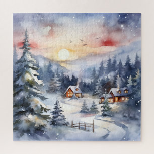 Mountain Landscape and Village in Snowy Scene Jigsaw Puzzle