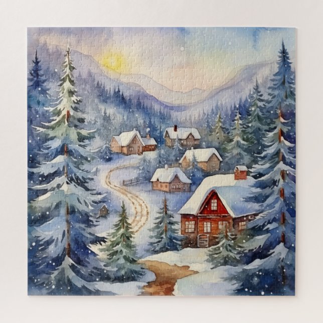 Mountain Landscape and Village in Snowy Scene Jigsaw Puzzle (Vertical)
