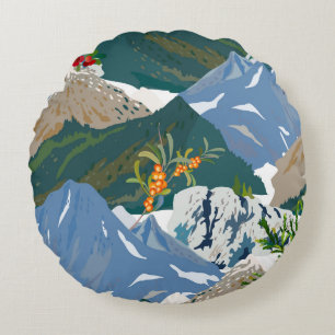 Mountain landscape and wild berry. Seamless vintag Round Pillow