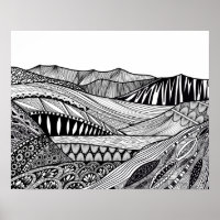 Mountain landscape black white abstract doodle art