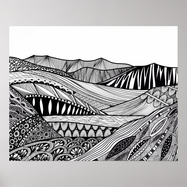 Mountain landscape black white abstract doodle art poster (Front)