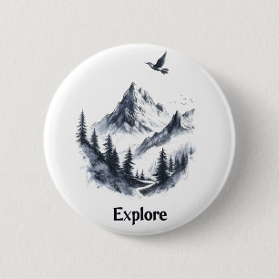 Mountain Landscape Drawing with Flying Bird 2 Inch Round Button