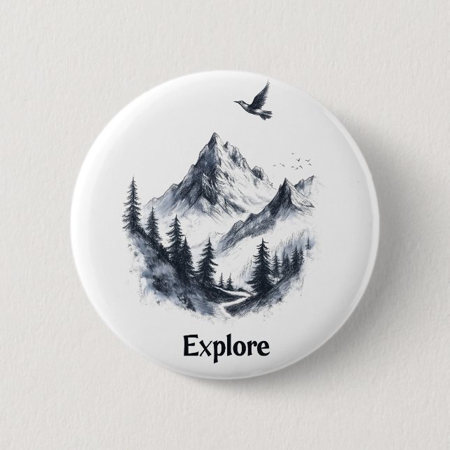 Mountain Landscape Drawing with Flying Bird 2 Inch Round Button (Front)
