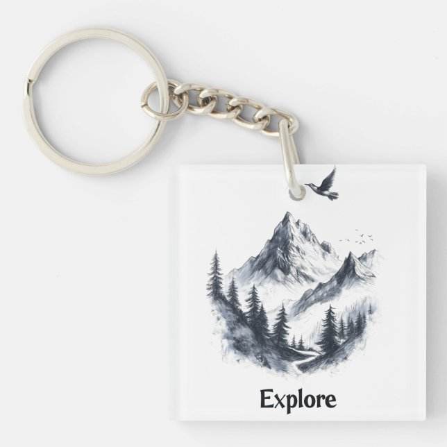Mountain Landscape Drawing with Flying Bird Keychain (Front)