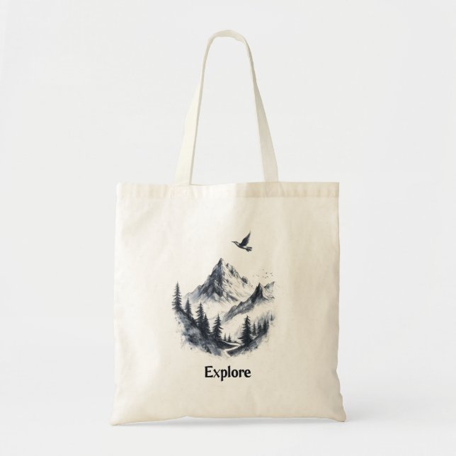 Mountain Landscape Drawing with Flying Bird Tote Bag (Front)