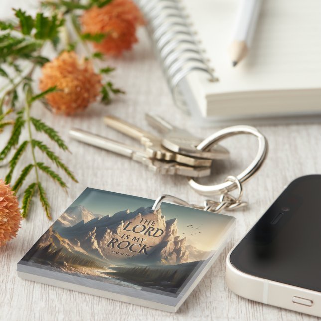 Mountain Landscape THE LORD IS MY ROCK PSALM 18:2 Keychain (Front Right)