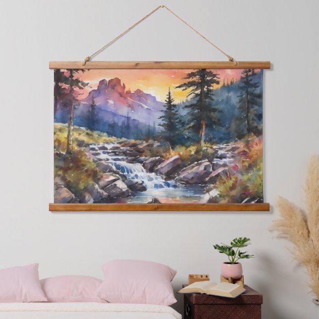 Mountain landscape with a waterfall at sunset hanging tapestry (Bedroom)